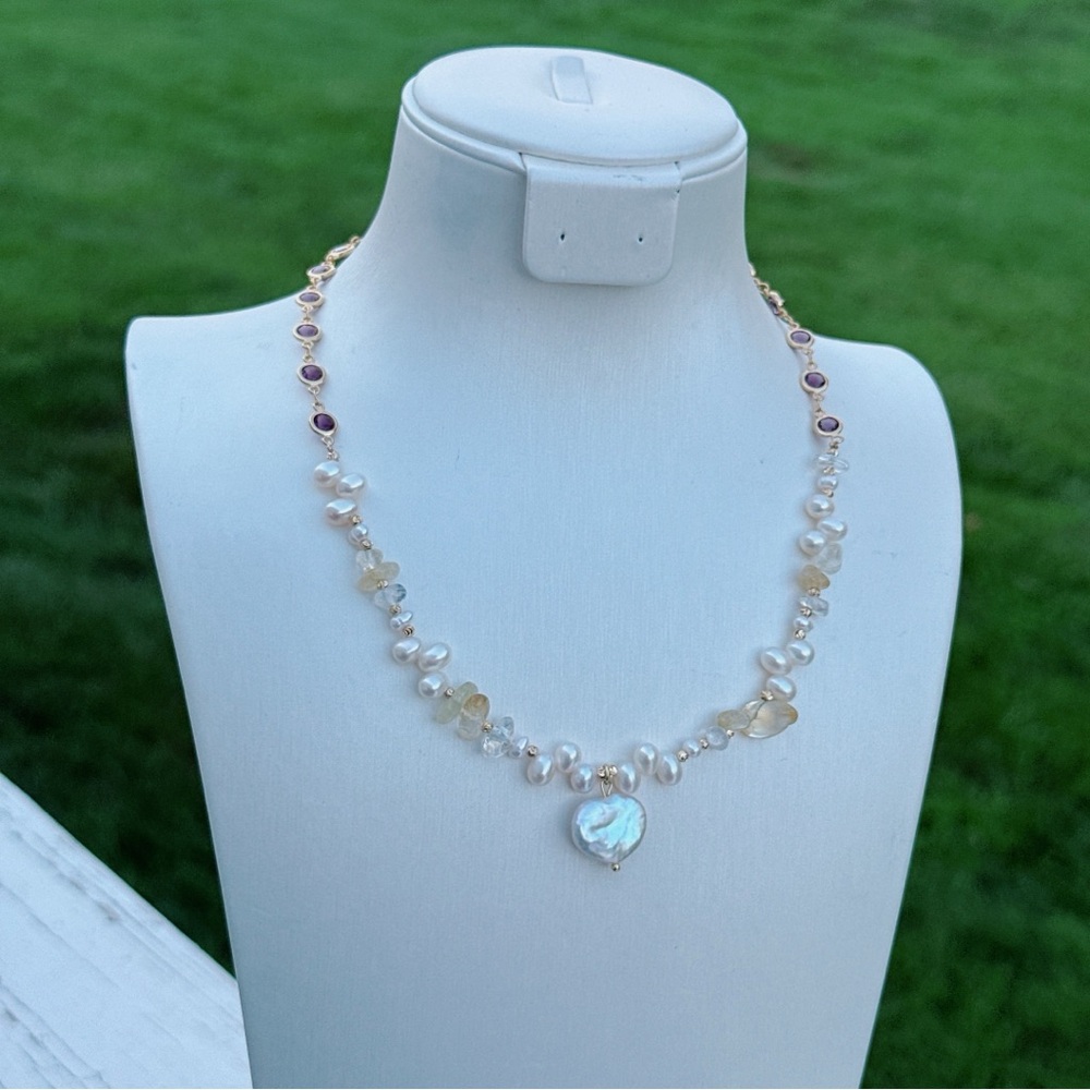 X596 Handmade Freshwater Baroque Pearl Citrine Necklace with Heart Pendant - Picture 2 of 9